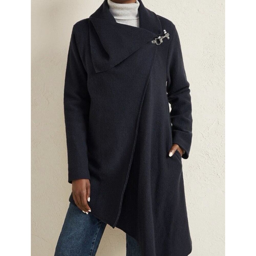 Garnet Hill Women's Black Boiled Wool Asymmetrical Wrap Coat Jacket - Size 6